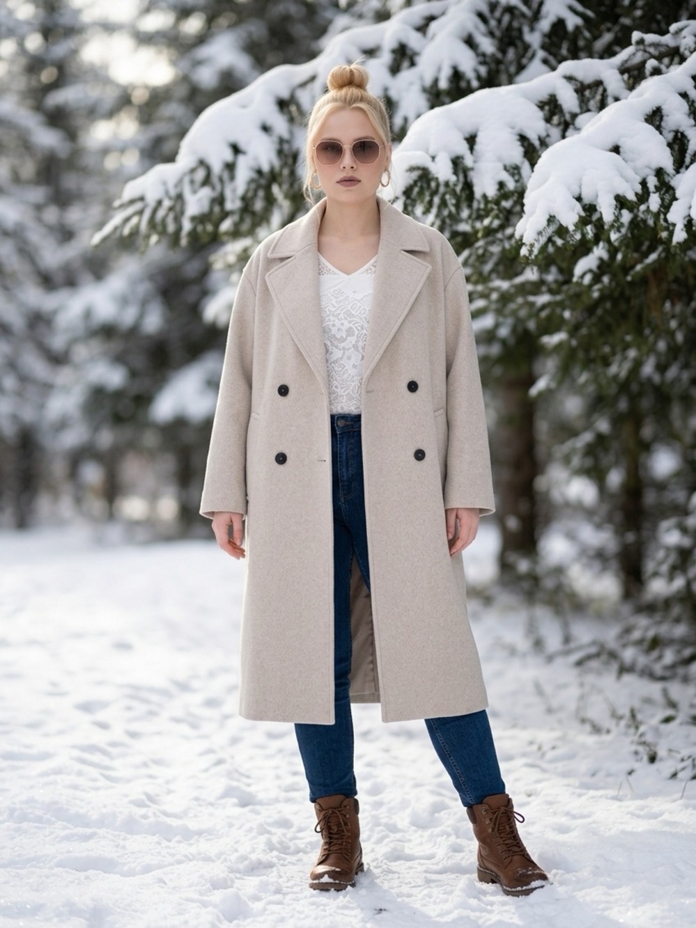 Womens Double-Breasted soft oversize Long Coat - Beige